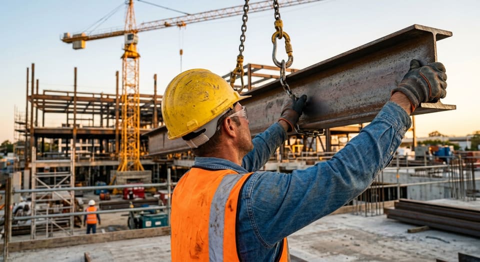 Steel beam being lifted into place on a building site