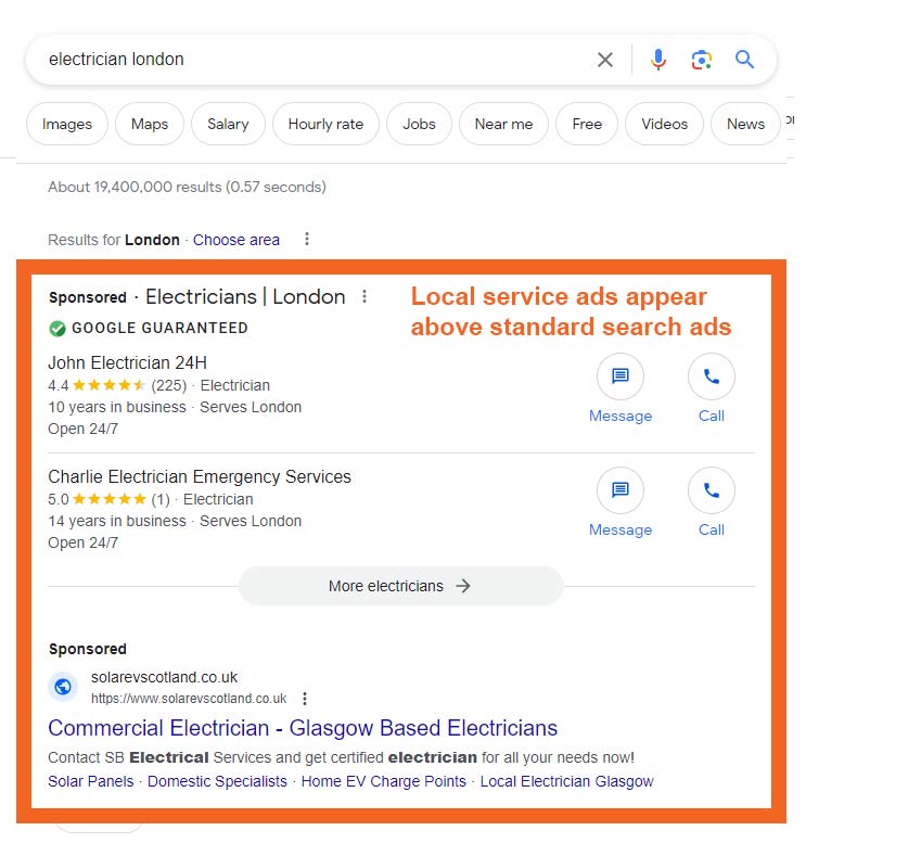 Local service ads appear above standard search ads